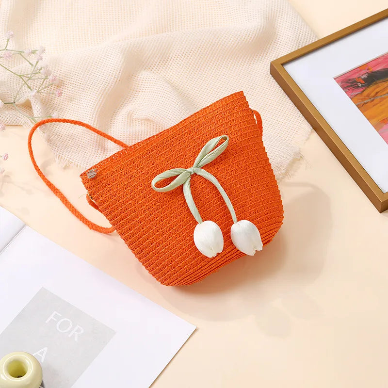 Summer Beach Seaside Tulip Straw Woven Bag  New Children Flower Straw Bag Mobile Phone Crossbody Bag