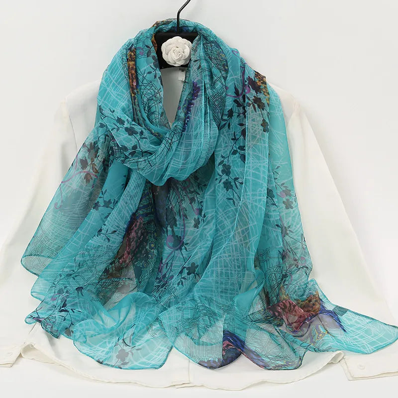 women's elegant lady color block high quality yarn printing silk scarf