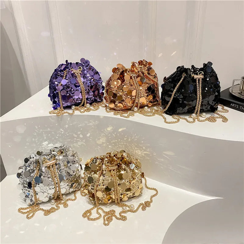 Large Sequin Trendy Personality Stylish Large-Capacity Chain Summer Drawstring Crossbody Shoulder Evening Handbag Bucket Bag