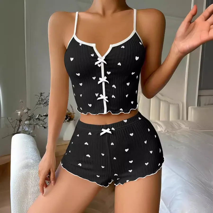 Home Daily Women's Casual Heart Shape Spandex Polyester Printing Bowknot Pants Sets Pajama Sets