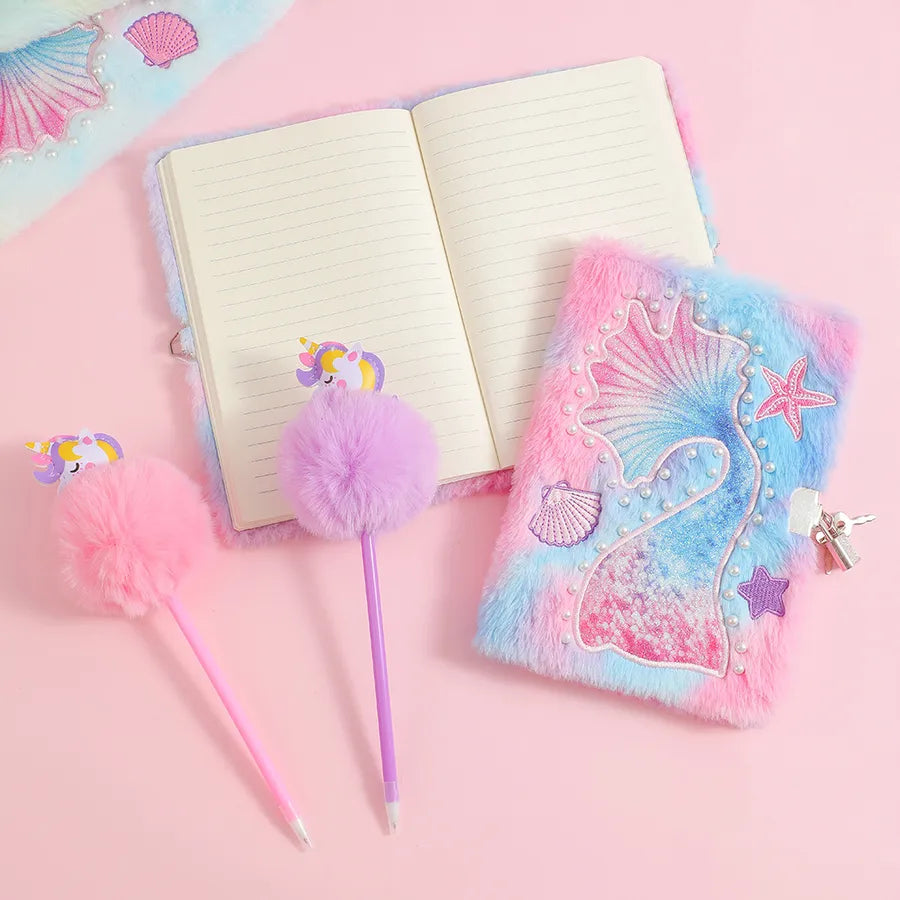 A5 Size Lockable Mermaid Tail Plush Notebook Cartoon Hard Cover Writing Diary For Students Children Gifts