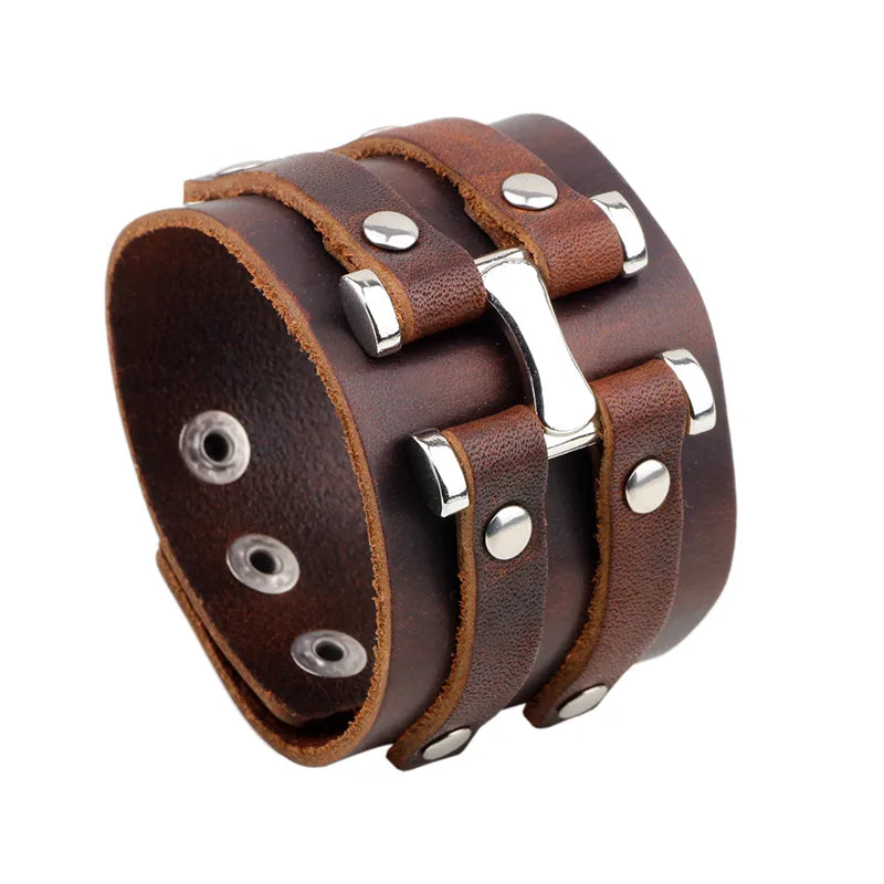 1 piece punk letter solid color alloy leather polishing men's wristband