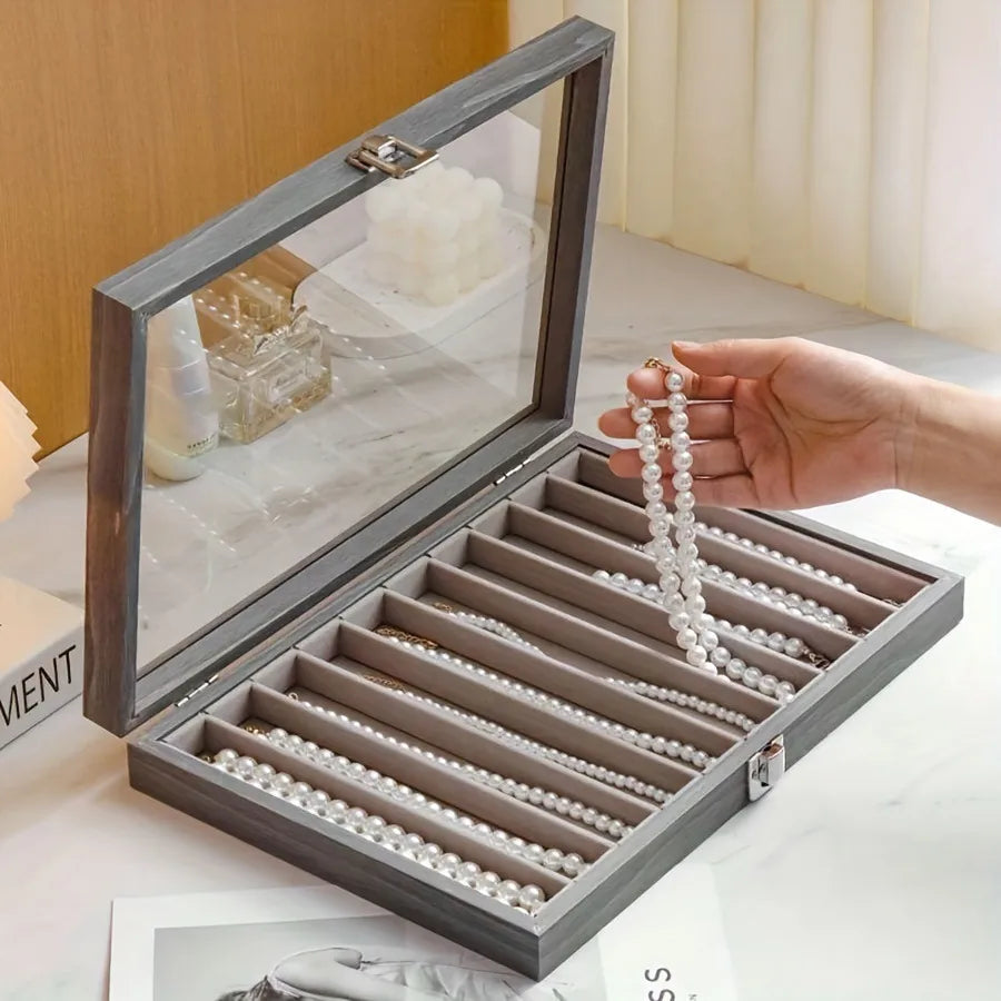New Ice Grey Pearl Necklace Storage Box With Lid Glass Dustproof Long Bracelet Beads Thick Necklace Jewelry Box Simple Style