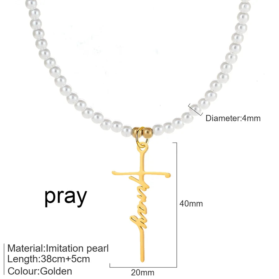 Elegant Simple Style Cross Letter 304 Stainless Steel Imitation Pearl Beaded Chain Beaded Necklaces Wholesale