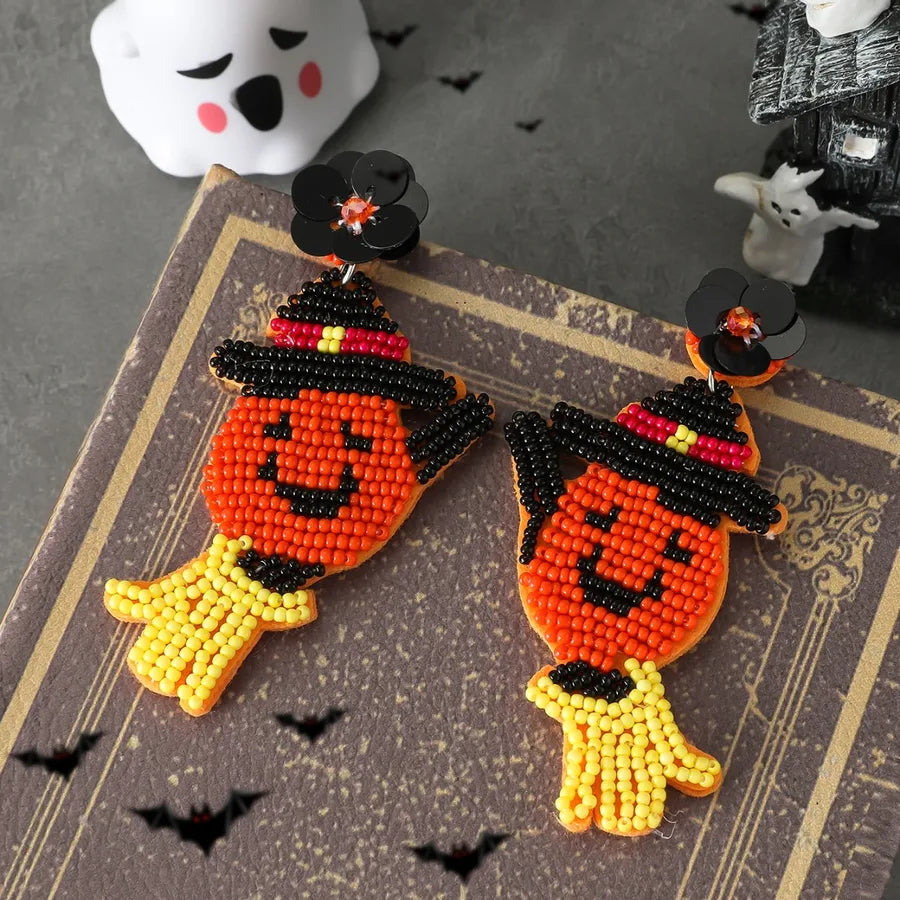 New Halloween Pumpkin Ear Cuff Quirky Individualistic Rice Bead Dangle Earrings Exaggerated Design Sense Fashion Jewelry