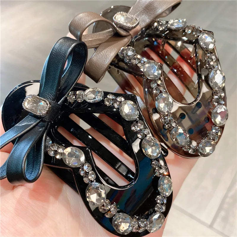 Elegant Black Leather Hairpin With Butterfly Knot Shiny Rhinestone Heart Shaped Hair Accessory Woven Leather For Back Of Head Bun