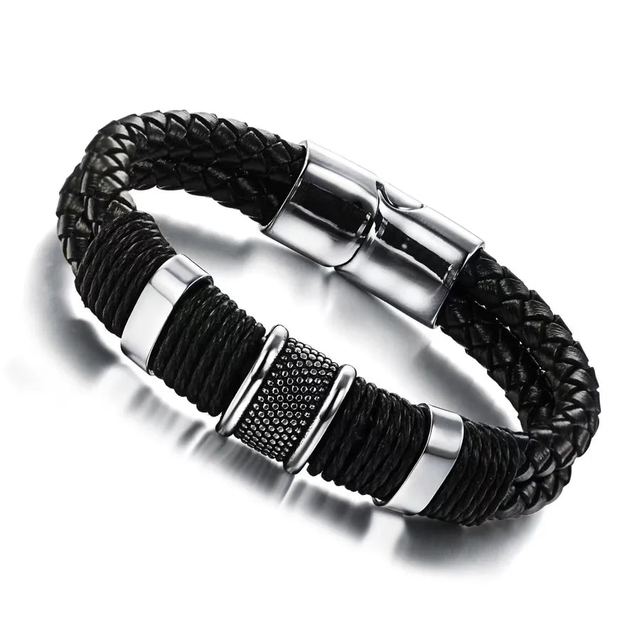 Explosions  Men's Woven Exquisite Titanium Steel Leather Bracelet Couple Double-layer Stainless Steel Magnet Buckle Bracelet