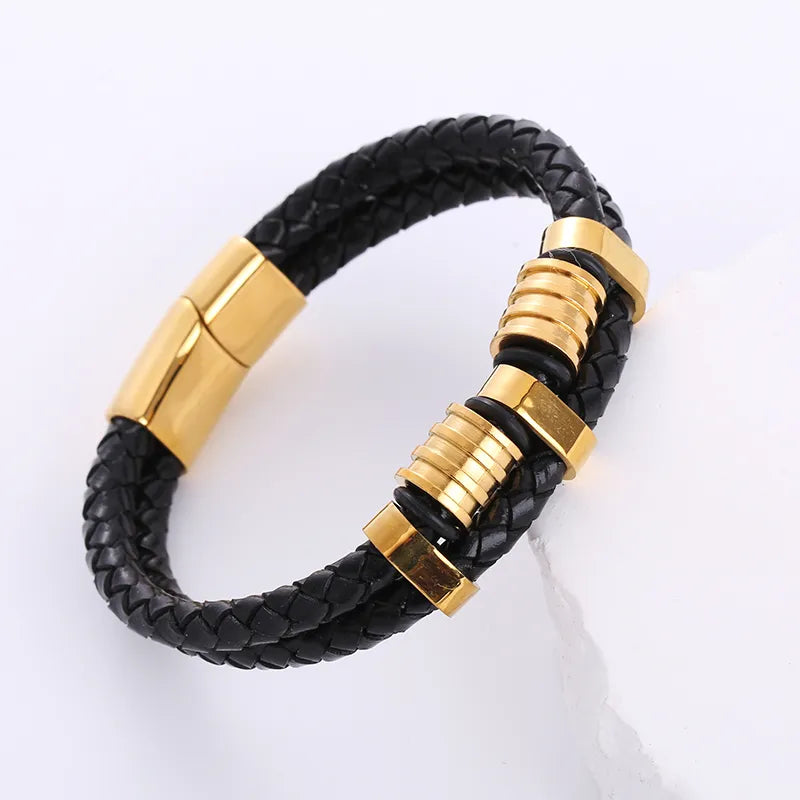 hip-hop geometric stainless steel pu leather braid men's bracelets