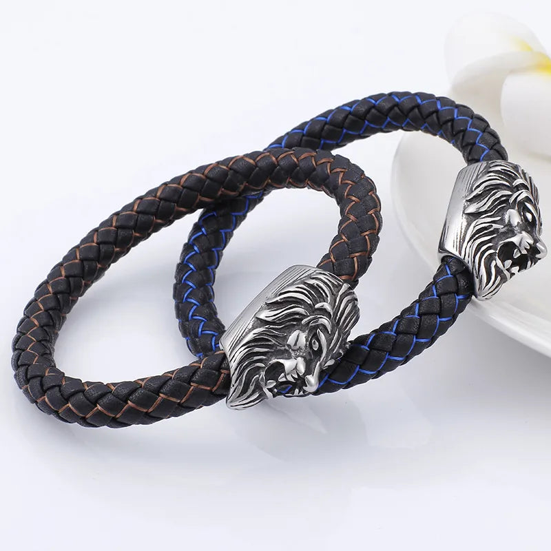 vintage style lion leather titanium steel men's bangle