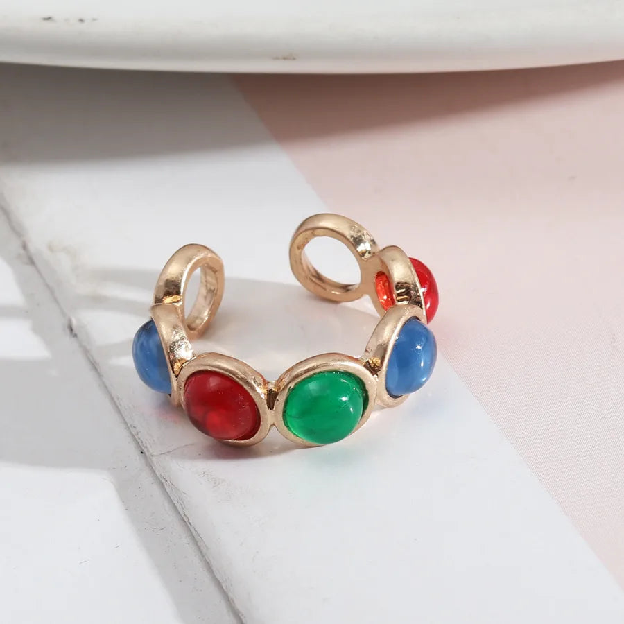 1 piece retro round alloy inlay natural stone resin pearl women's open ring