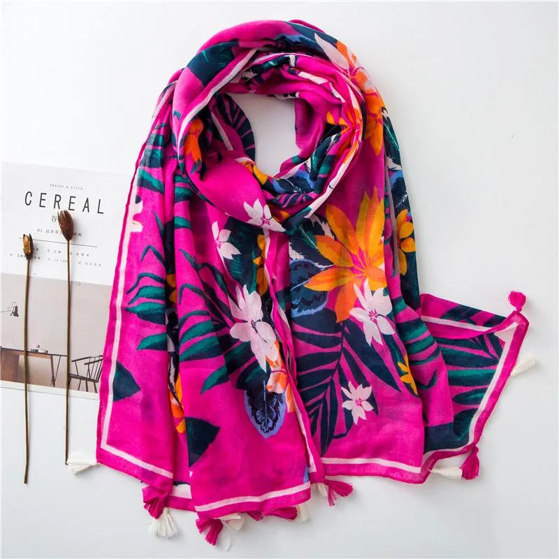 cotton and linen scarf warm rose red tone tropical plant color tassel wholesale trend