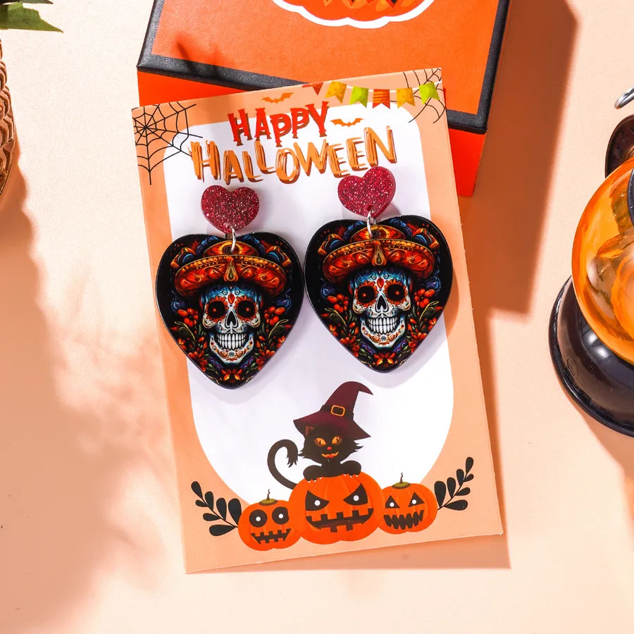 Creative Acrylic Skeleton Head Earrings Set For Women Halloween Theme Personalized Fashion Jewelry Love Shape Card Included
