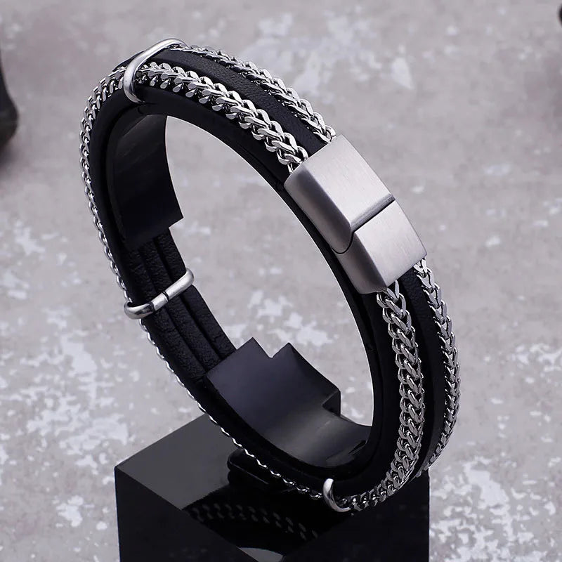 Hip-Hop Retro Color Block Stainless Steel Pu Leather Plating Chain 18K Gold Plated Men's Bangle
