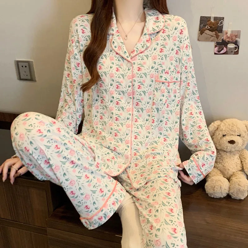 Spring Edition Pleated Fabric Sleepwear Long Sleeve Home Clothes Set For Women Sweet Cute Style Casual Breathable Polyester Milk Silk