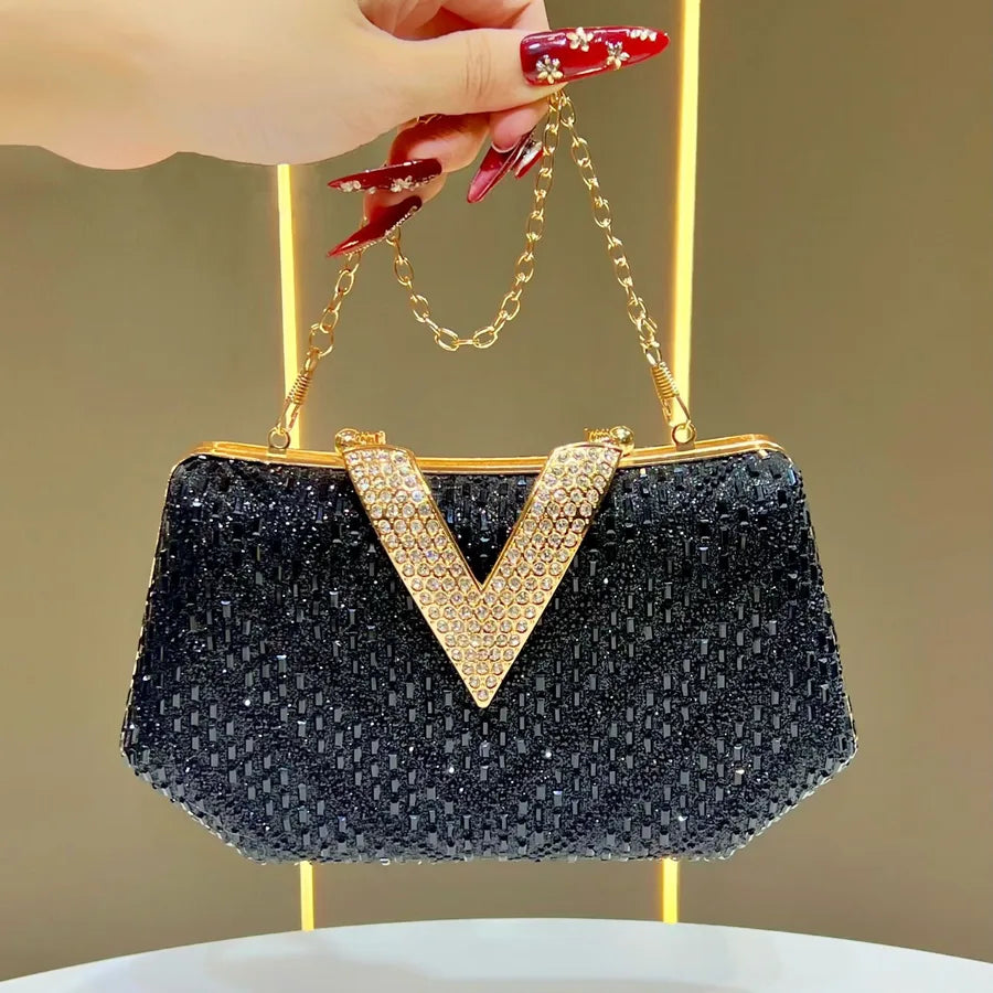 Elegant Diamond Embellished Evening Bag Women's Clutch Chain Crossbody Flag Dress Bag Handbag Single Shoulder Party Purse
