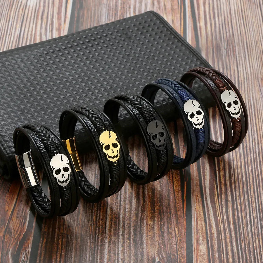 Punk Skull 304 Stainless Steel Pu Leather Braid Halloween Men'S Bracelets