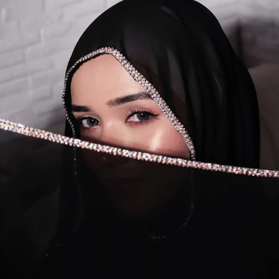 New Rhinestone Chain Long Side Scarf Hui Scarf Malay Middle East Headscarf Headscarf Chiffon Solid Color