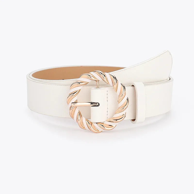 retro round solid color pu leather alloy women's leather belts