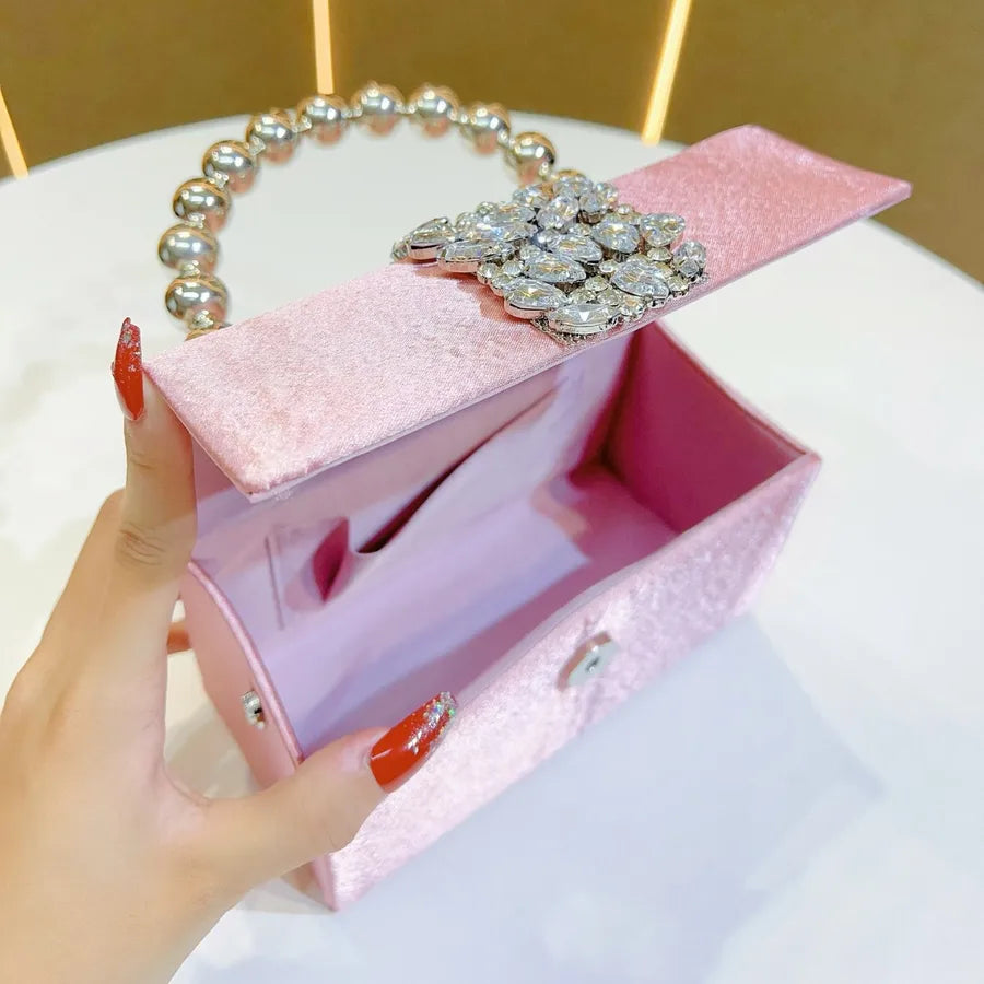 Shiny French Style Silk Satin Surface Pearl Box Handbag Women's Crossbody Bag For Party Elegant Fashionable Square Bag