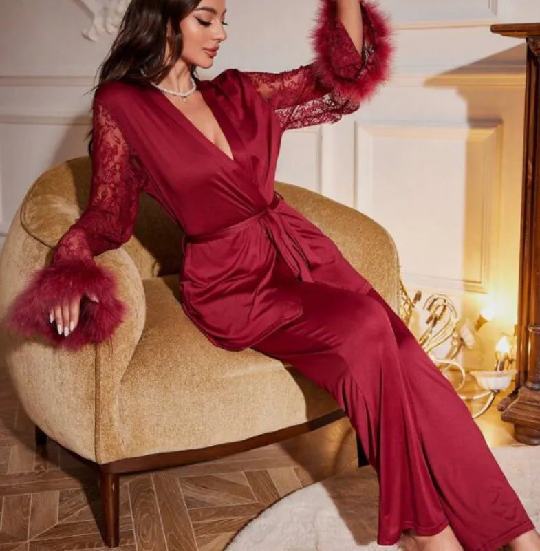 Home Women's Elegant Flower Polyester Milk Fiber Raw Hem Lace Pants Sets Pajama Sets