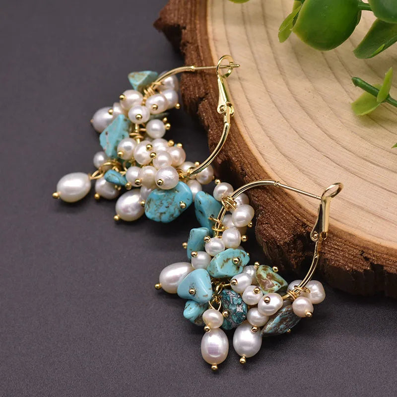 1 Pair 18K Gold Plated Freshwater Pearl Copper Zircon Flower Drop Earrings