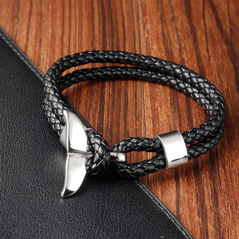 Retro Classic Style Geometric Pu Leather Titanium Steel Woven Chain Wrap Bracelets Wholesale