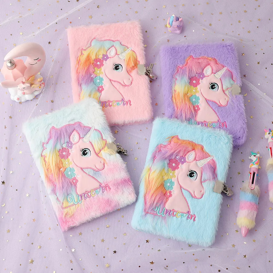 Cute  A5 Cartoon Plush Notebook With Lock Children's Diary Book Girl's Scrapbooking Notebook Pink Purple Tie Dye