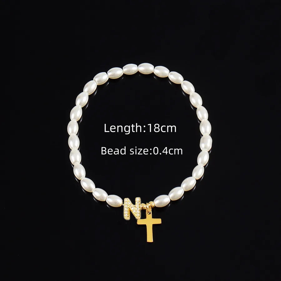 Simple Style Cross Letter 304 Stainless Steel Artificial Pearl Copper Beaded Chain Bracelets In Bulk
