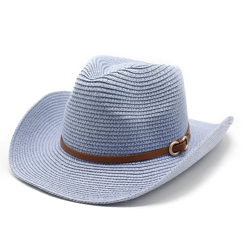 women's cowboy style solid color flat eaves straw hat