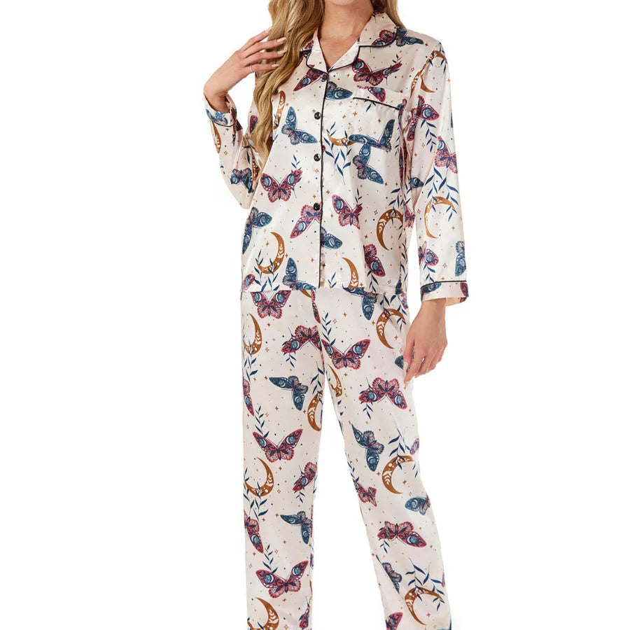 Elegant Long Sleeve Women's Home Clothes Set Sleepwear Casual Fashionable Autumn Middle East Style Polyester Silk Blend