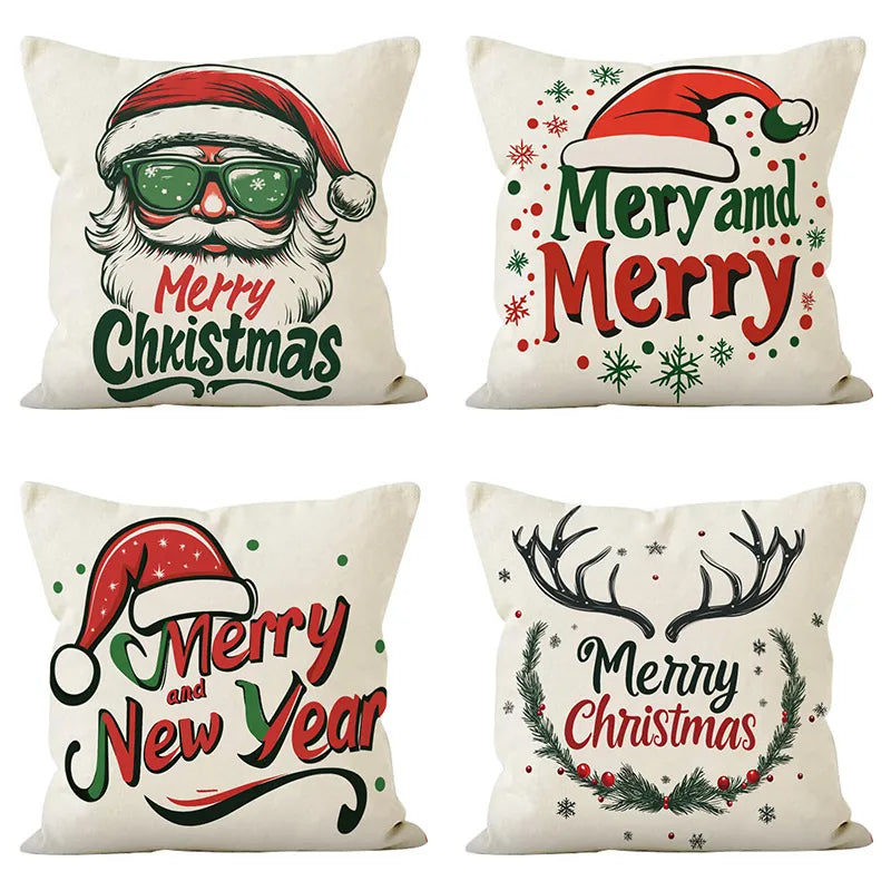 Christmas Linen Pillowcase Santa Claus Print Living Room Sofa Cushion Cover Festival Pillowcase Home Decorative Accessories