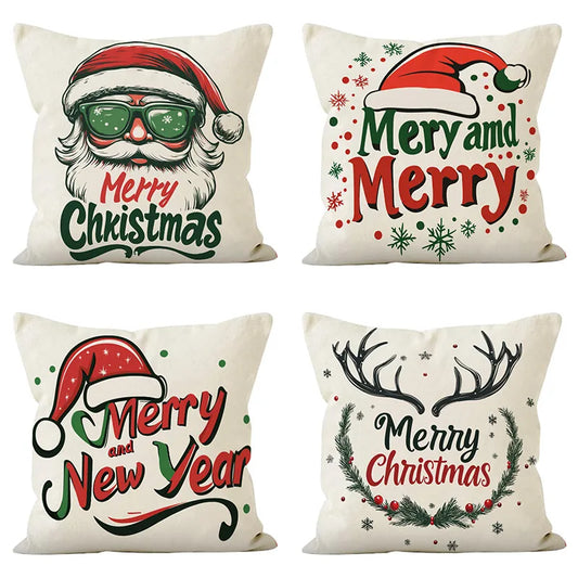 Christmas Linen Pillowcase Santa Claus Print Living Room Sofa Cushion Cover Festival Pillowcase Home Decorative Accessories