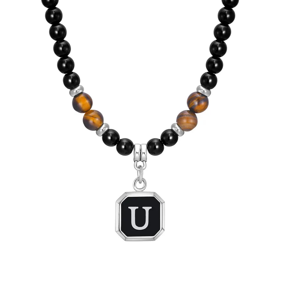 Simple Style Letter 304 Stainless Steel Arylic Tiger Eye Beaded Handmade Inlay Tiger Eye Men's Pendant Necklace