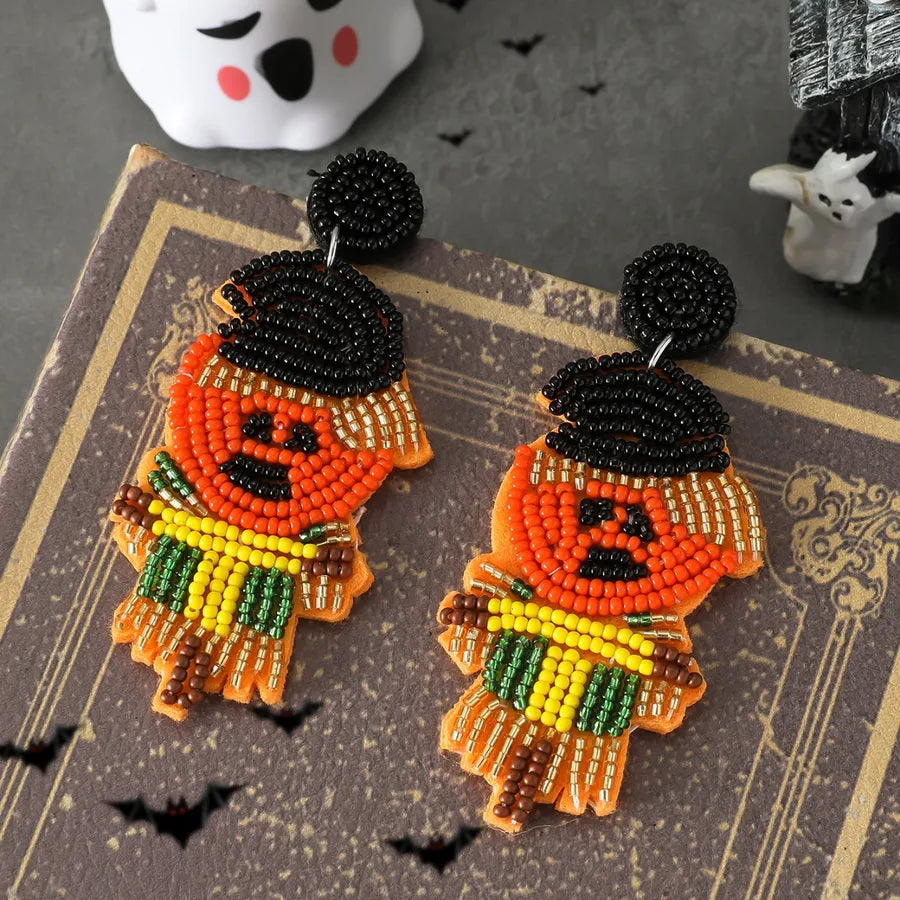 New Halloween Pumpkin Ear Cuff Quirky Individualistic Rice Bead Dangle Earrings Exaggerated Design Sense Fashion Jewelry