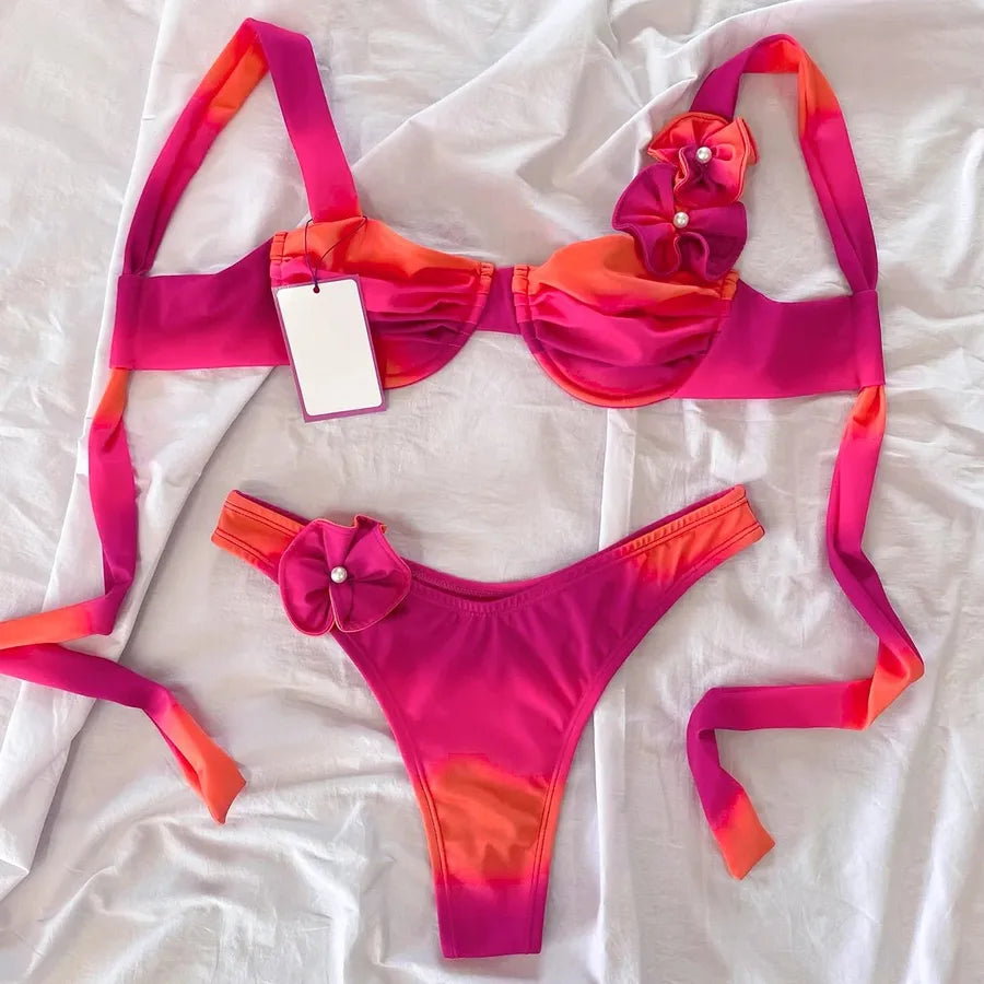 Women's Gradient Color Flower 2 Pieces Set Bikinis Swimwear