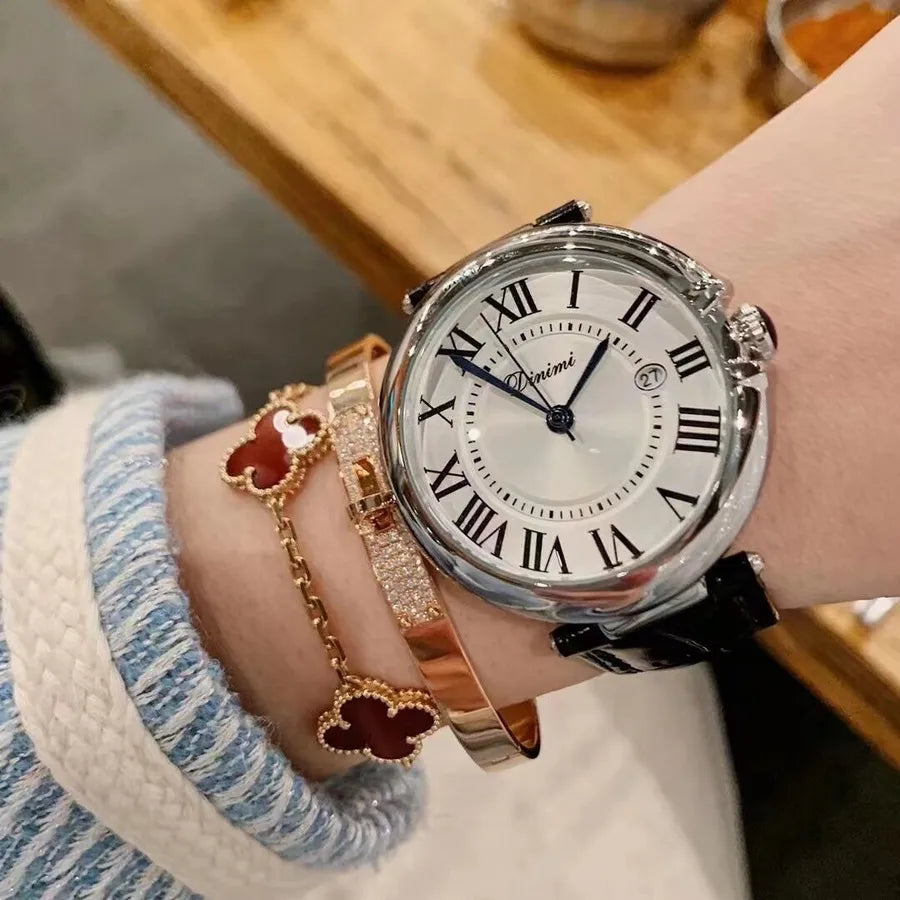 Dimini Couple Watches Genuine Leather Waterproof Men's Watch Simple Elegant Quartz Watch Mineral Strengthened Glass Mirror