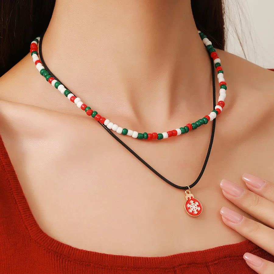 Christmas Themed Double Layered Necklace With Santa Claus Design Glass Beads Clavicle Chain Jewelry Accessory For Unisex Use