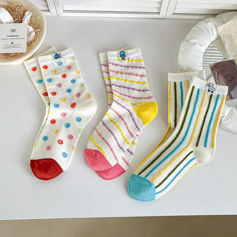 A Pair Cute Women's Stripe Polka Dots Cotton Crew Socks