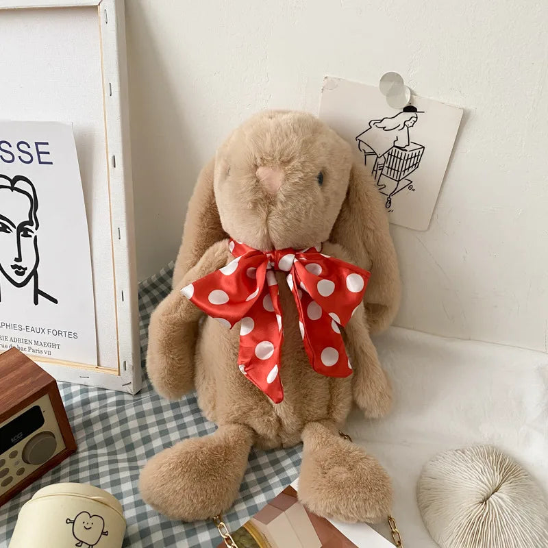 Women's Plush Rabbit Bow Knot Cute Cylindrical Zipper Crossbody Bag