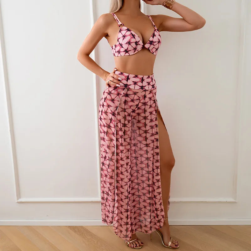women's lady sexy printing leopard 3 pieces set bikinis swimwear