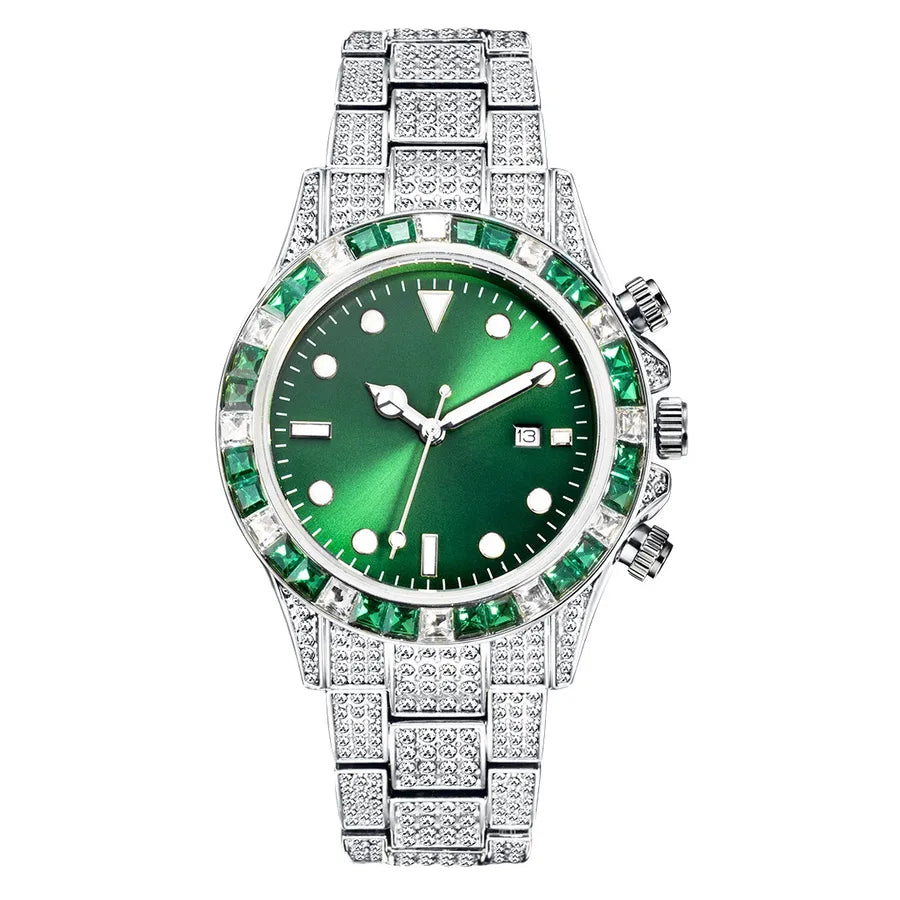 MISSFOX Watch  Explosions High-end Diamond-encrusted Ditona Full Diamond Green Plate Sun Pattern Luminous Quartz Watch