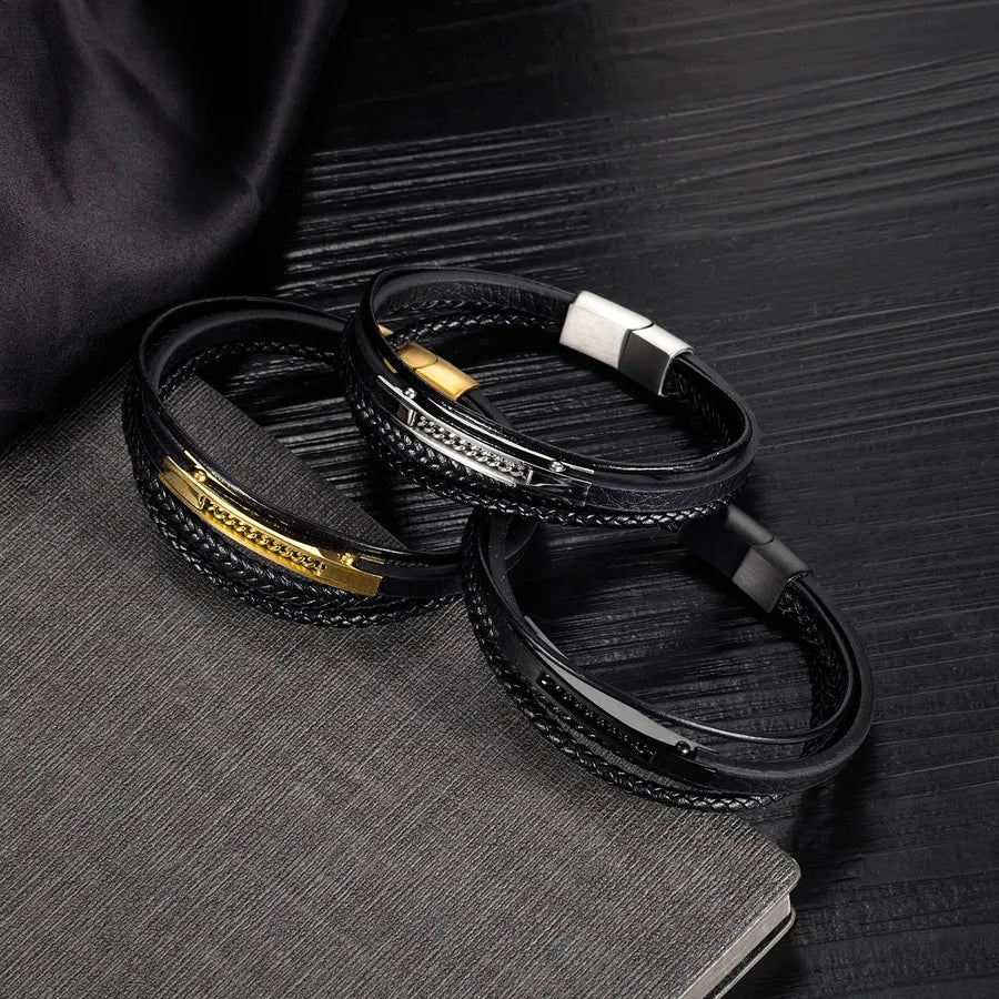 Retro Punk Solid Color Pu Leather Men's Bangle Men Cord & Leather Bracelets
