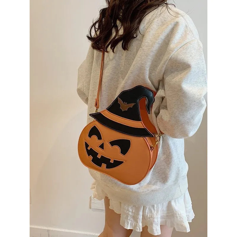 Halloween Pumpkin Shaped Irregular Women's Crossbody Bag Single Shoulder Bag Funny Design Polyester Lining PU Material Large Size