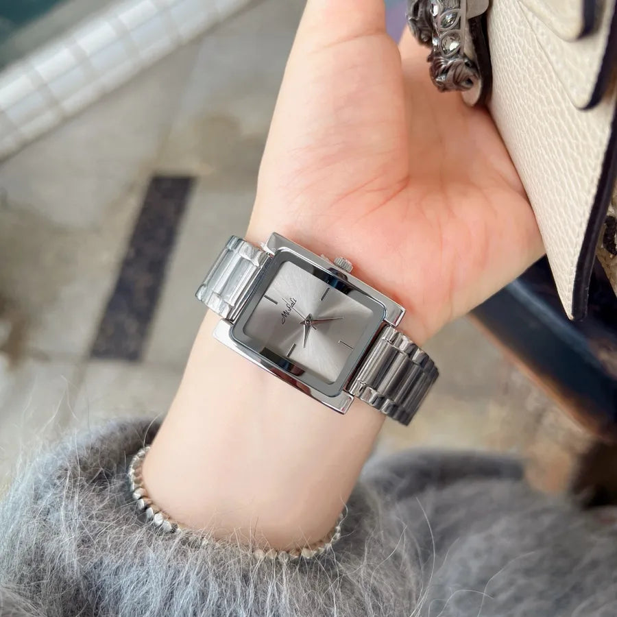 Mishali Large Dial Stainless Steel Strap Women's Watch Fashionable Minimalist Square Face Quartz Movement Butterfly Buckle Clasp