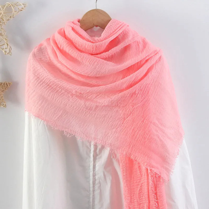 Hot selling solid color pleated cotton and linen scarf  women's bag headscarf crumpled hair fringe bubble scarf women's scarf cover head