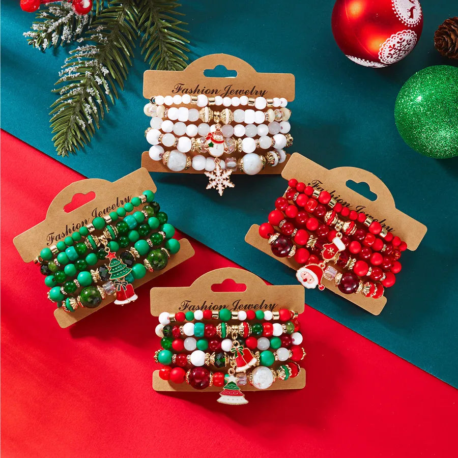 Christmas Theme Acrylic Bracelet Set For Women Elastic Santa Claus And Deer Beads Colorful Holiday Hand Chain Jewelry