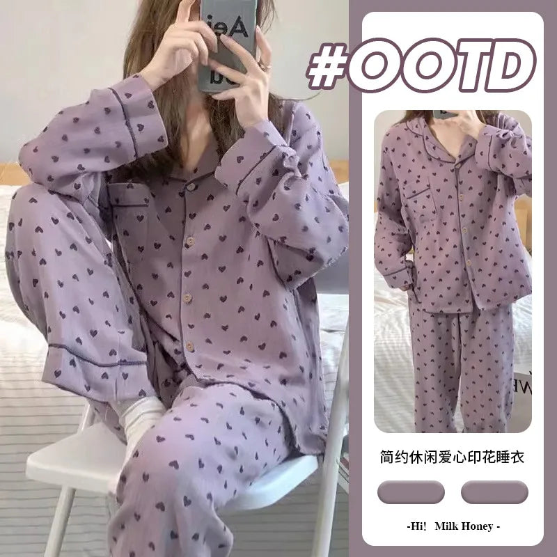 Purple Heart Sweet Style Women's Sleepwear Long Sleeve Home Clothes Spring Autumn High Sensation Dormitory Outdoor Wear Set