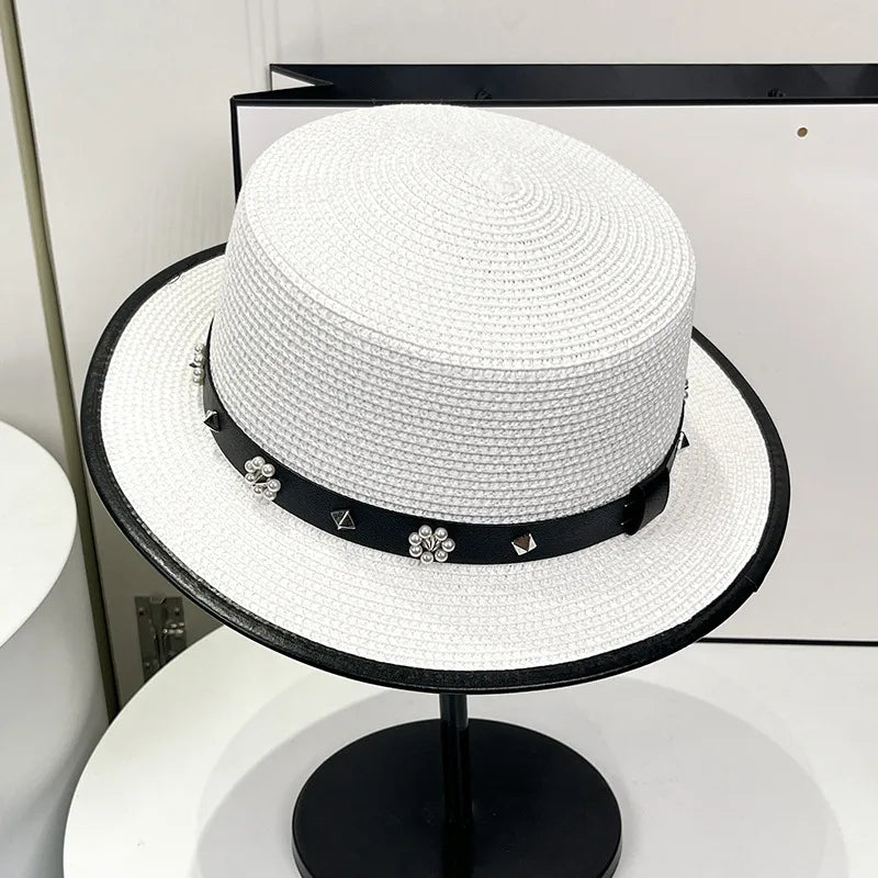 women's simple style flower flat eaves straw hat