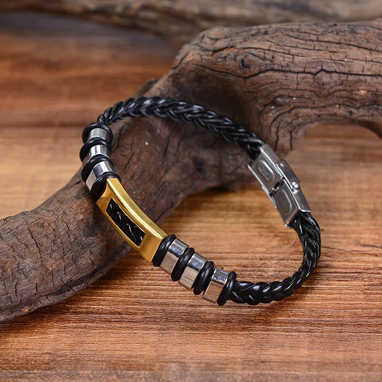 Retro Punk Solid Color 304 Stainless Steel Pu Leather Men's Bangle Men Cord & Leather Bracelets