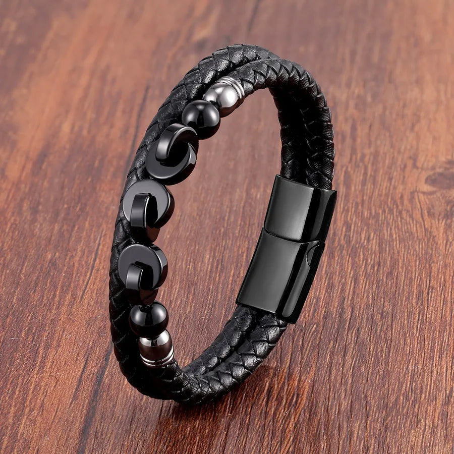 vintage style classic style round leather rope stone metal handmade metal button men's bracelets